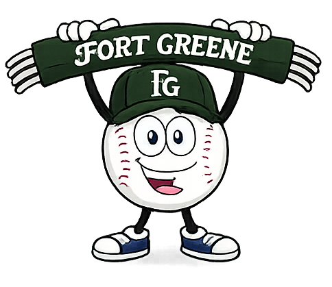 Sluggers mascot holding a Fort Greene banner